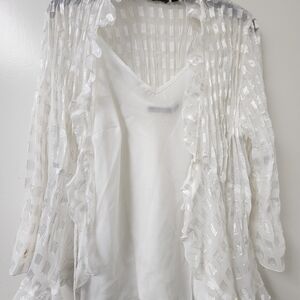 Used Elementz Creamy White Layered Sheer Ruffle Blouse V-Neck Women's Top,
